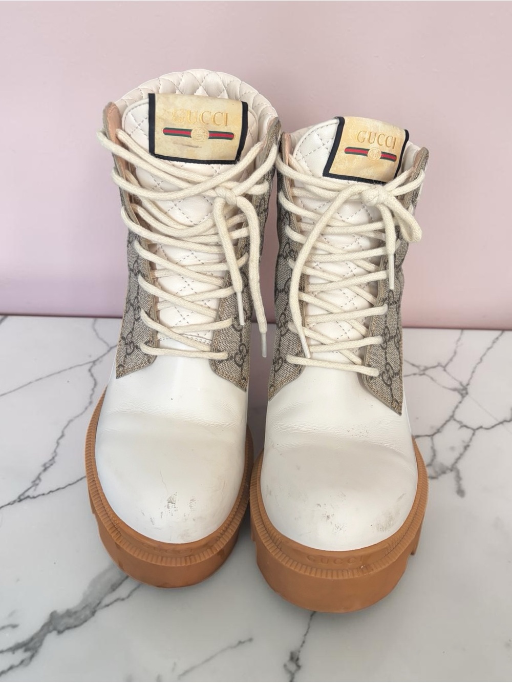 Gucci White Leather & GG Canvas Cream Lace-Up Platform Boots with Tan Gum Sole